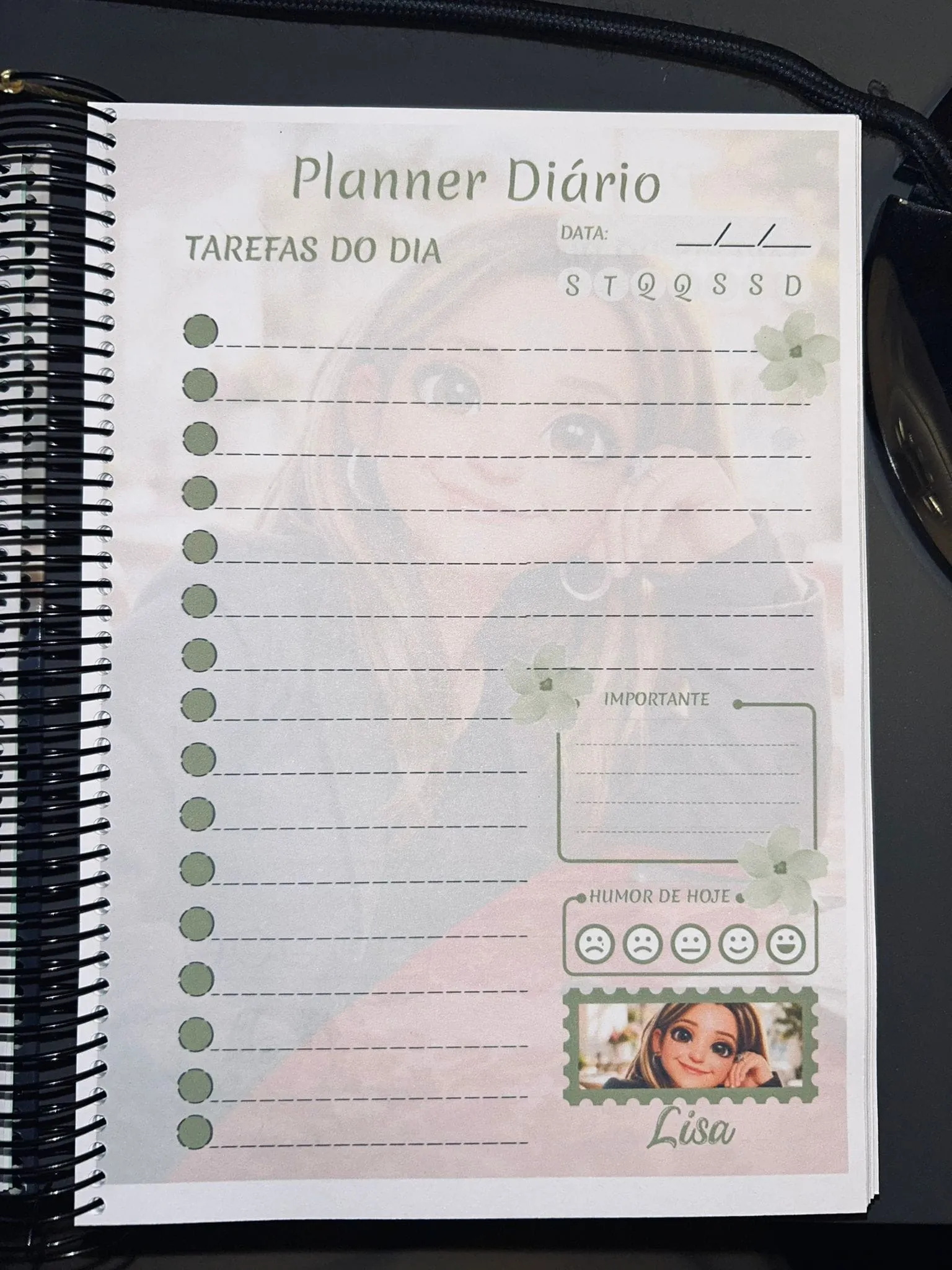 Página de planner diário com tarefas do dia, espaço para o importante e o humor de hoje