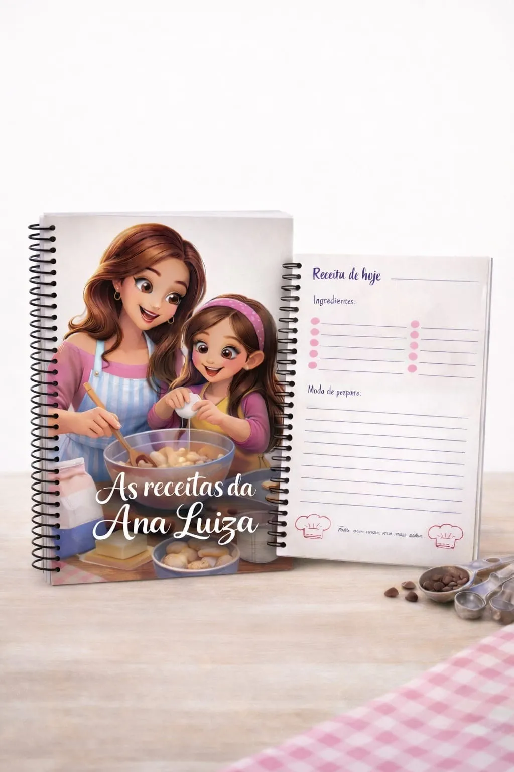 Livro de receitas da Ana Luiza: capa e página interior para escrever receitas